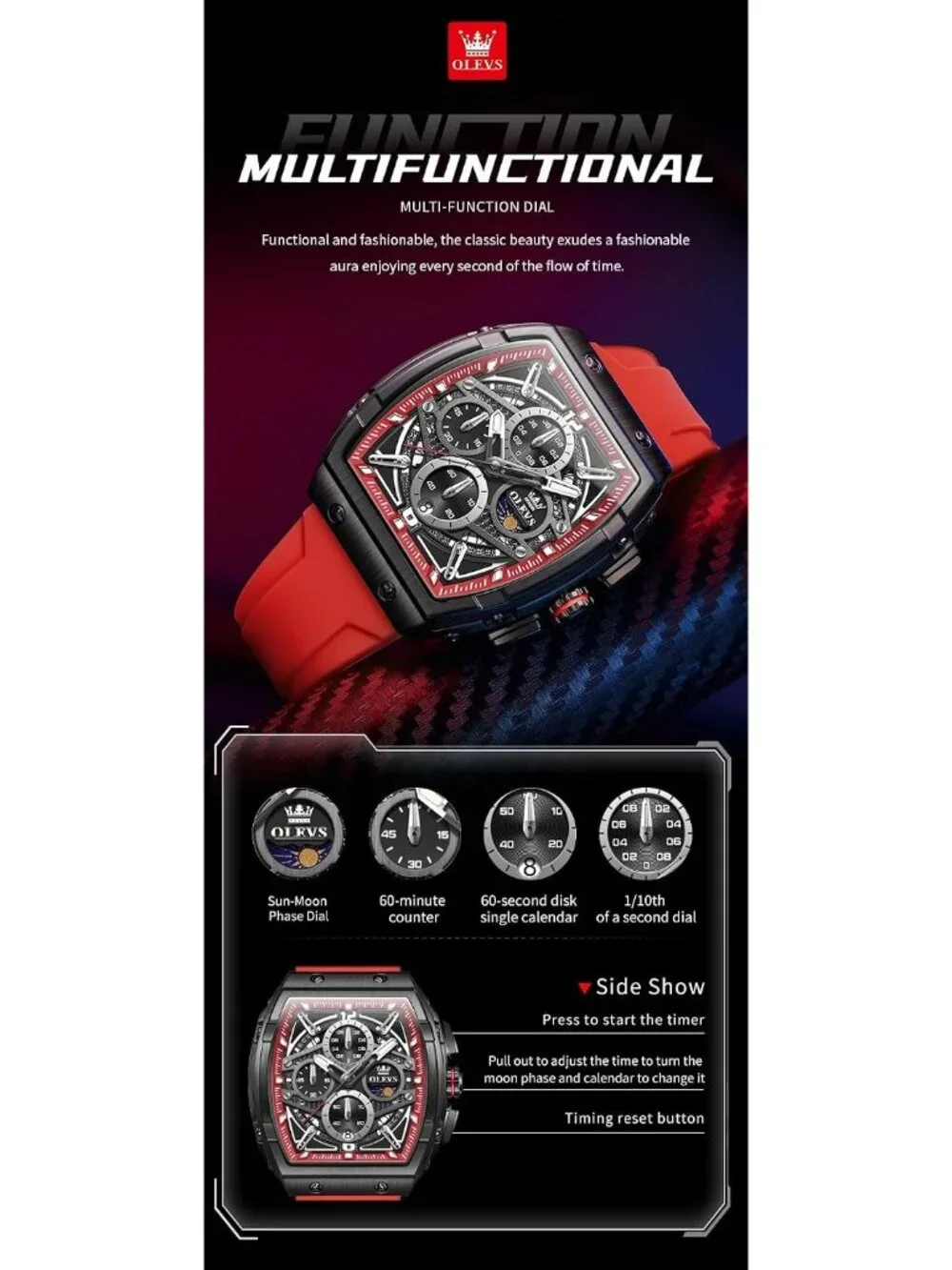 Men's Red Chronograph Big Square Analog Silicone Strap Waterproof Wrist Watch